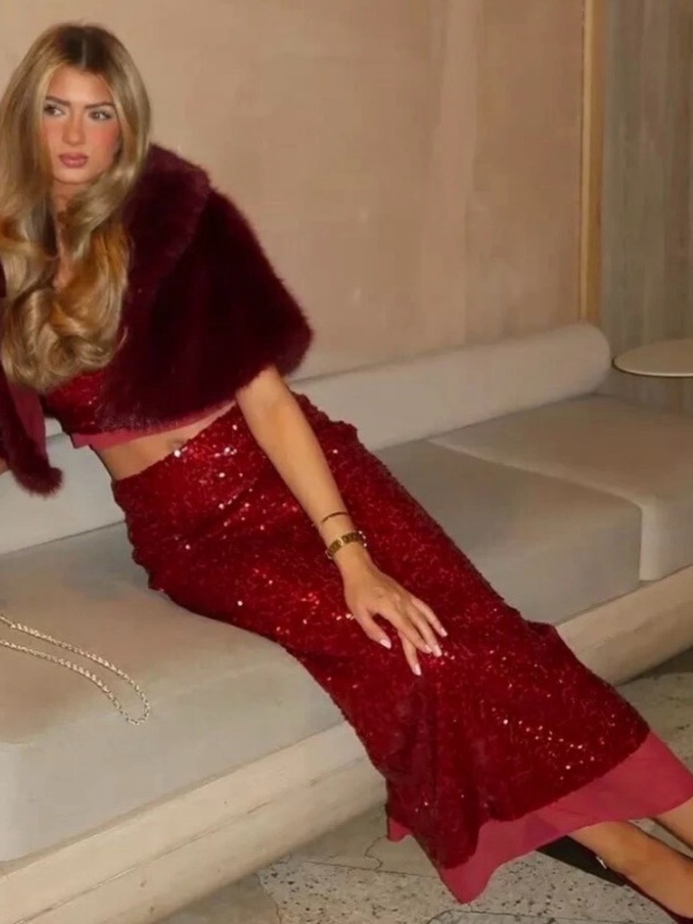 Zara Red Sequin Midi Skirt with Sheer Lining Hem Detail Size XS